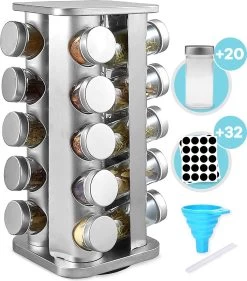 LuZana® Draaibaar Kruidenrek -RVS- Staand Met Potjes - 20 Kruidenpotjes Met Strooideksel – Incl. Labels, Krijtstift En Trechter