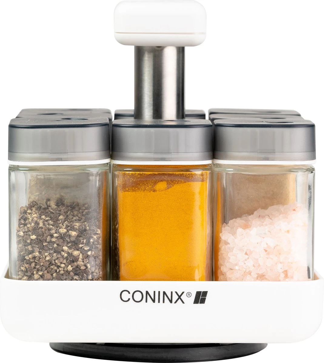 Coninx Kruidenrek Staand - Draaiend Kruidenrek Met Glazen Potjes - Kruidencarrousel Draaibaar - 8 Kruidenpotjes - Wit / RVS 9 Coninx Kruidenrek Staand - Draaiend Kruidenrek Met Glazen Potjes - Kruidencarrousel Draaibaar - 8 Kruidenpotjes - Wit / RVS - Afbeelding 9