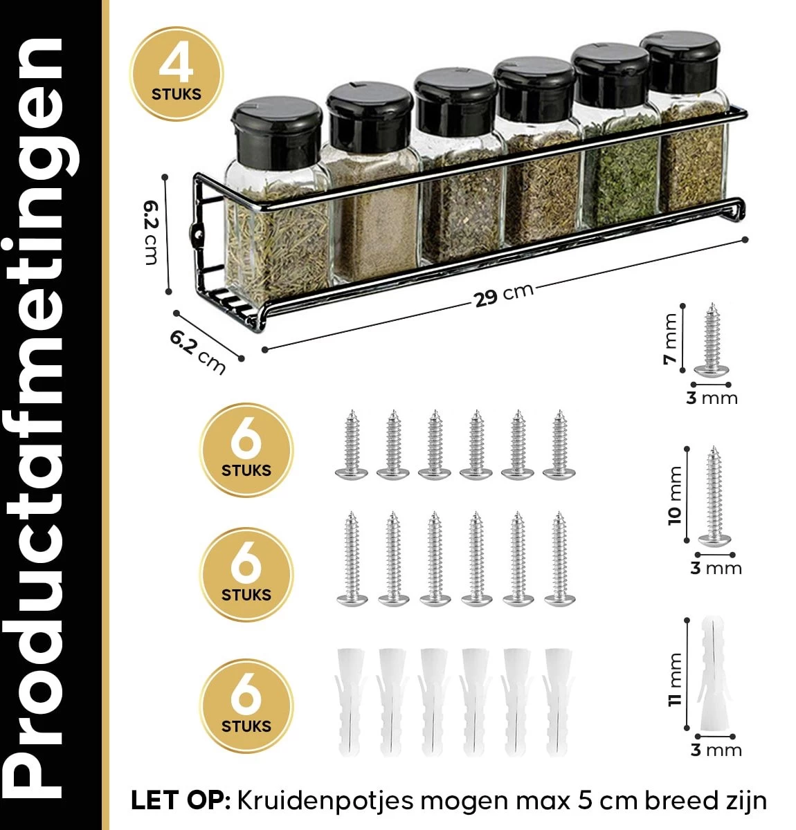 YORGS Kruidenrek Ophangbaar - Kruidenrekje Voor Potjes - Kruidenrekken Hangend 4 Stuks - Zwart - Inc Ophangmateriaal 5 YORGS Kruidenrek Ophangbaar - Kruidenrekje Voor Potjes - Kruidenrekken Hangend 4 Stuks - Zwart - Inc Ophangmateriaal - Afbeelding 5
