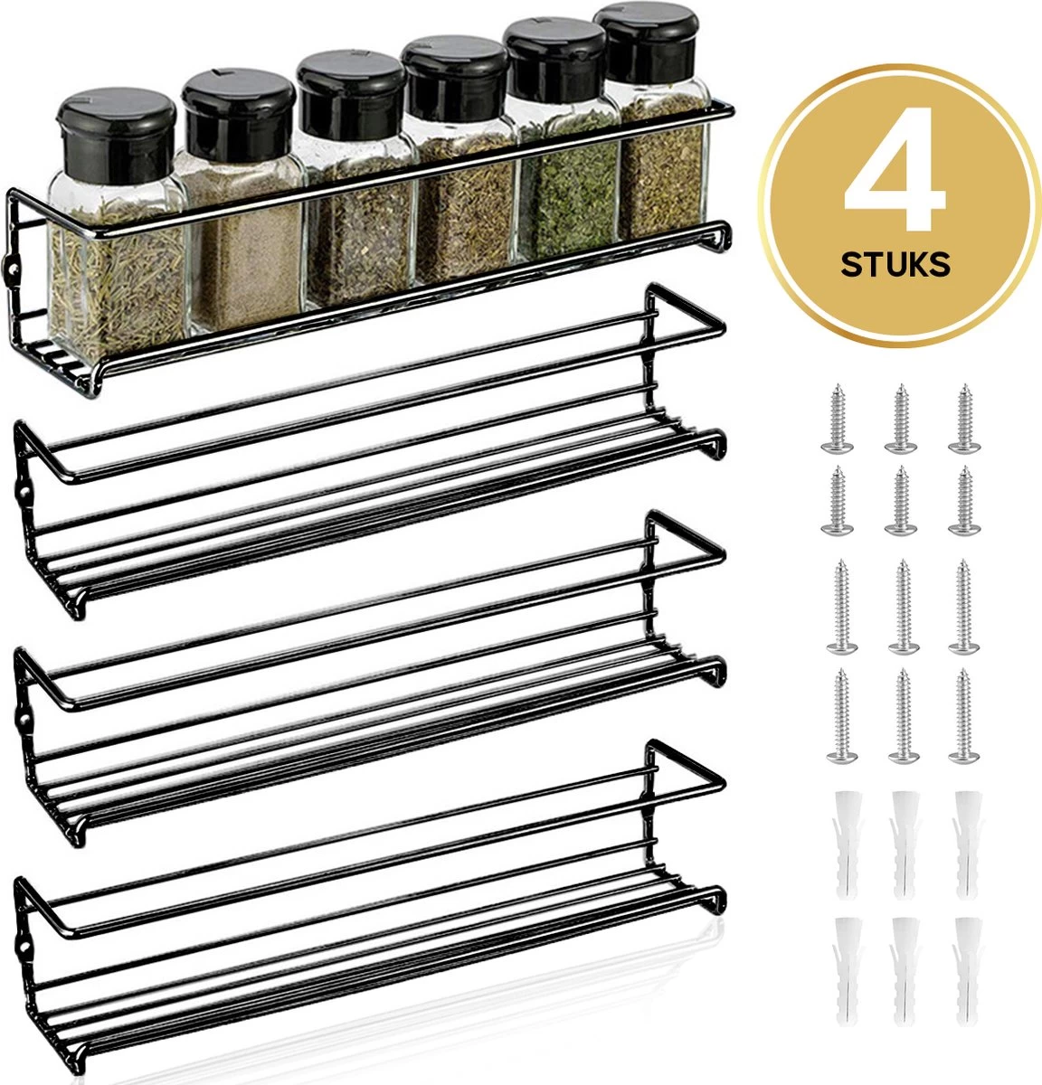 YORGS Kruidenrek Ophangbaar - Kruidenrekje Voor Potjes - Kruidenrekken Hangend 4 Stuks - Zwart - Inc Ophangmateriaal 1 YORGS Kruidenrek Ophangbaar - Kruidenrekje Voor Potjes - Kruidenrekken Hangend 4 Stuks - Zwart - Inc Ophangmateriaal