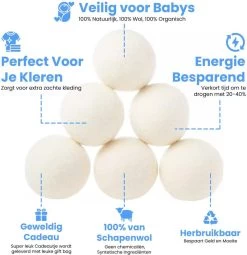 DRYQUICK Drogerballen- Wasbollen- Duurzaam Schapenwol - Herbruikbaar- 6 XL Wasballen Wit -Huishoud Verkoop 1162x1200