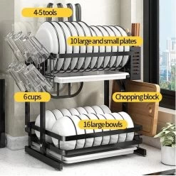 Doogo® Afdruiprek Met Lekbak 2 Laags – Inklapbaar - Muur Hangen Mogelijke - Afwasrek – Met 2 Lekbakken – Extra Accessories Voor Servies En Snijplanken - RVS -Huishoud Verkoop 1195x1200 5