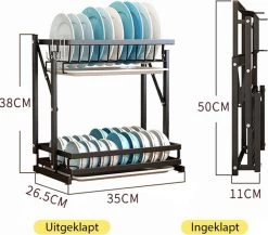 Doogo® Afdruiprek Met Lekbak 2 Laags – Inklapbaar - Muur Hangen Mogelijke - Afwasrek – Met 2 Lekbakken – Extra Accessories Voor Servies En Snijplanken - RVS -Huishoud Verkoop 1200x1056 1