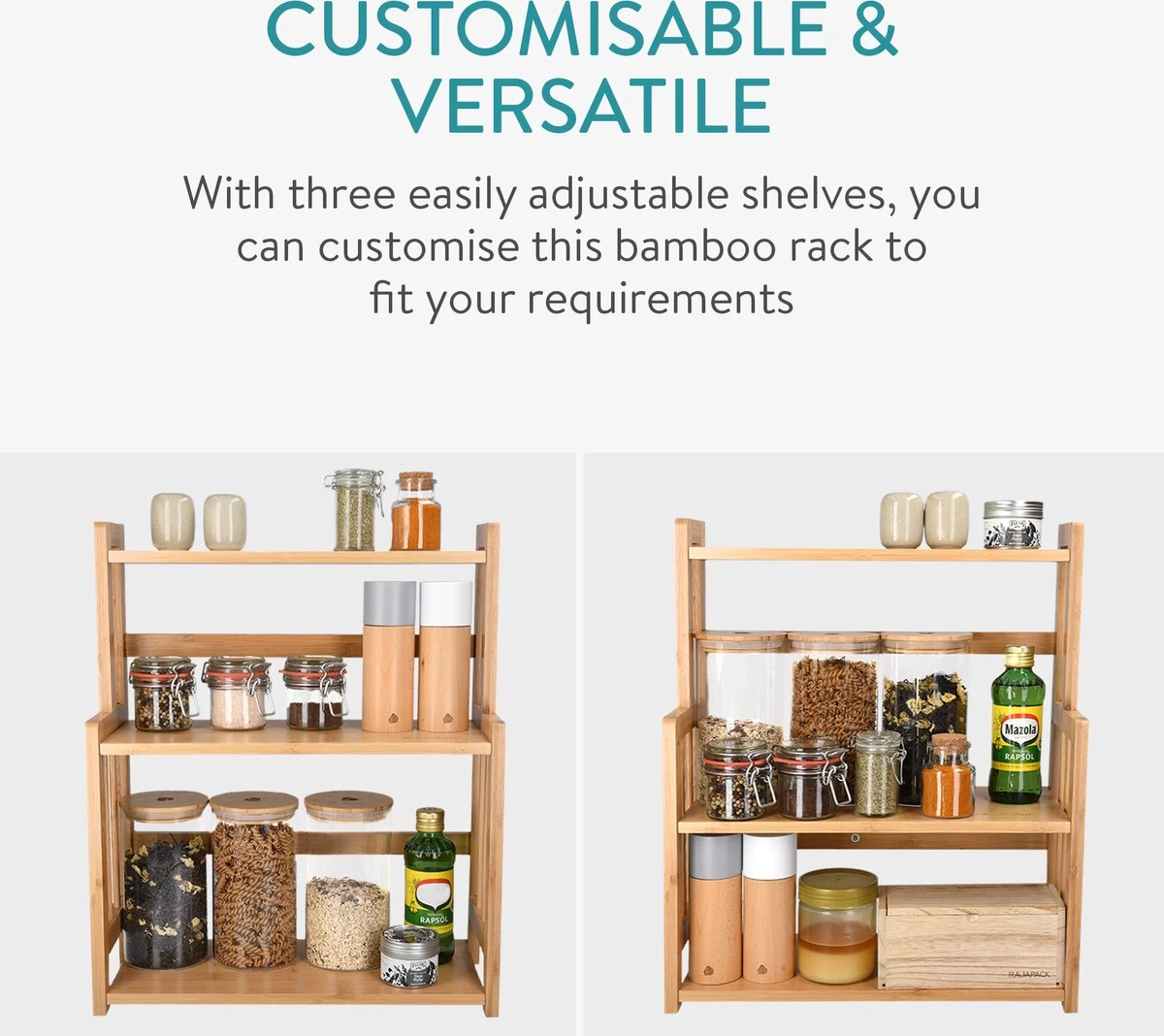Navaris Keukenrek Met 3 Planken - Verstelbaar Kruidenrek Van Bamboe - Staand - Stevige Constructie - Natuurlijk Bamboehout - Waterafstotend 5 Navaris Keukenrek Met 3 Planken - Verstelbaar Kruidenrek Van Bamboe - Staand - Stevige Constructie - Natuurlijk Bamboehout - Waterafstotend - Afbeelding 5