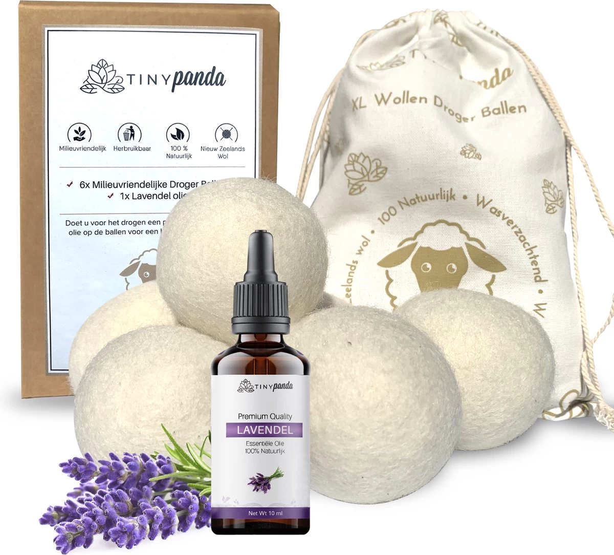 Merkloos Droger Ballen XL 6 Stuks Inclusief Lavendelolie – Zero Waste Dryer Balls - Duurzaam – Wasverzachter – Herbruikbare Drogerballen – Droogt De Was Sneller – Tiny Panda 1 Merkloos Droger Ballen XL 6 Stuks Inclusief Lavendelolie – Zero Waste Dryer Balls - Duurzaam – Wasverzachter – Herbruikbare Drogerballen – Droogt De Was Sneller – Tiny Panda