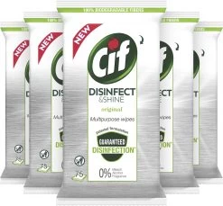 Cif Disinfect & Shine Wipes Doden 99,99% Van De Bacteriën Original Desinfecterende Schoonmaakdoekjes, Van 100% Biologisch Afbreekbaar Textiel 5 X 75 Doekjes -Huishoud Verkoop 1200x1111