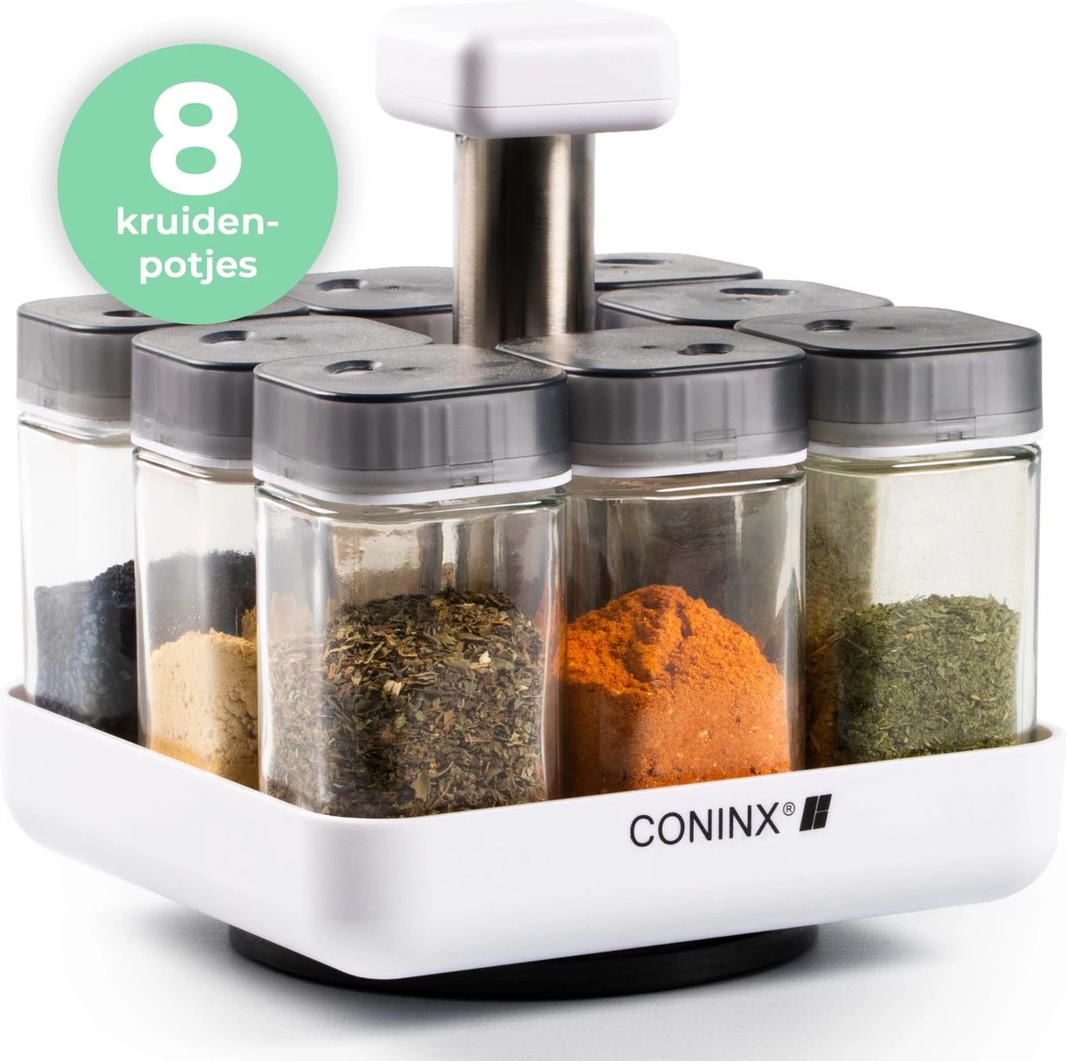Coninx Kruidenrek Staand - Draaiend Kruidenrek Met Glazen Potjes - Kruidencarrousel Draaibaar - 8 Kruidenpotjes - Wit / RVS 1 Coninx Kruidenrek Staand - Draaiend Kruidenrek Met Glazen Potjes - Kruidencarrousel Draaibaar - 8 Kruidenpotjes - Wit / RVS