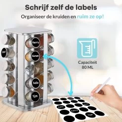 LuZana® Draaibaar Kruidenrek -RVS- Staand Met Potjes - 20 Kruidenpotjes Met Strooideksel – Incl. Labels, Krijtstift En Trechter -Huishoud Verkoop 1200x1200 1506
