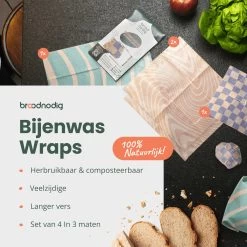 BROODNODIG® - Bijenwas Wraps (Bijenwas Doek) - Set Van 4 - 1S, 2M, 1L - Foodwrap - Beeswax Wraps - Bee Wrap - Beewax - Bijenwasdoek - Zero Waste - Duurzaam Cadeau - Herbruikbaar Boterhamzakje -Huishoud Verkoop 1200x1200 1511