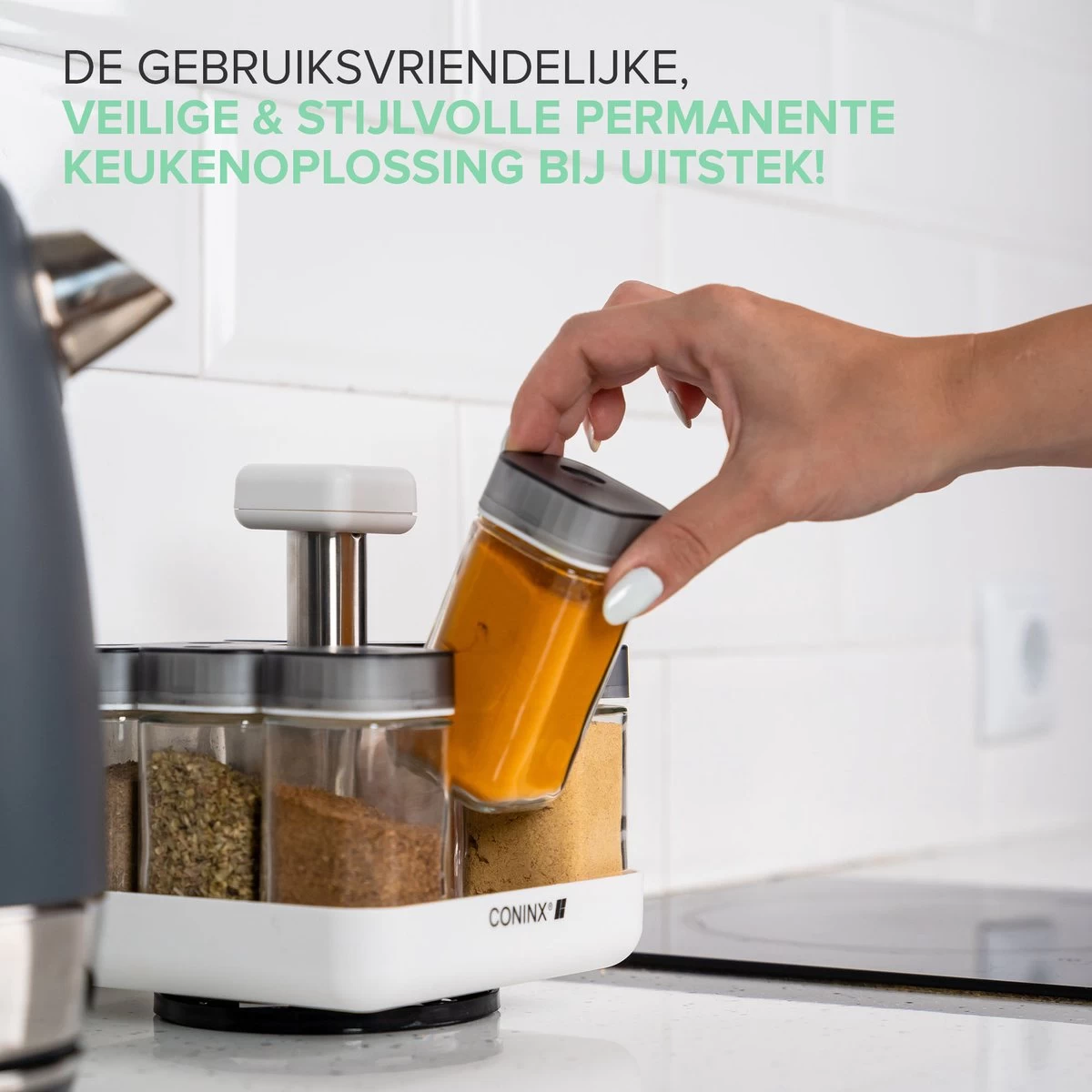 Coninx Kruidenrek Staand - Draaiend Kruidenrek Met Glazen Potjes - Kruidencarrousel Draaibaar - 8 Kruidenpotjes - Wit / RVS 3 Coninx Kruidenrek Staand - Draaiend Kruidenrek Met Glazen Potjes - Kruidencarrousel Draaibaar - 8 Kruidenpotjes - Wit / RVS - Afbeelding 3