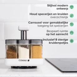 Coninx Kruidenrek Staand - Draaiend Kruidenrek Met Glazen Potjes - Kruidencarrousel Draaibaar - 8 Kruidenpotjes - Wit / RVS 16 Coninx Kruidenrek Staand - Draaiend Kruidenrek Met Glazen Potjes - Kruidencarrousel Draaibaar - 8 Kruidenpotjes - Wit / RVS -Huishoud Verkoop 1200x1200 1546