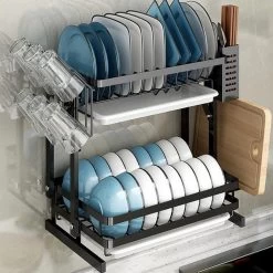 Doogo® Afdruiprek Met Lekbak 2 Laags – Inklapbaar - Muur Hangen Mogelijke - Afwasrek – Met 2 Lekbakken – Extra Accessories Voor Servies En Snijplanken - RVS -Huishoud Verkoop 1200x1200 866