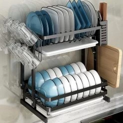 TammaT - Afdruiprek Met Lekbak 2 Laags – Inklapbaar - Afwasrek – Met 2 Lekbakken – Extra Accessories Voor Servies En Snijplanken - RVS - 38x35x26,5cm -Huishoud Verkoop 1200x1200 884