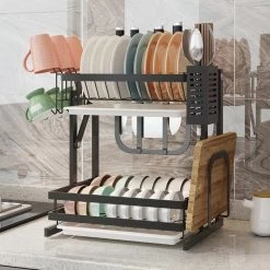 TammaT - Afdruiprek Met Lekbak 2 Laags – Inklapbaar - Afwasrek – Met 2 Lekbakken – Extra Accessories Voor Servies En Snijplanken - RVS - 38x35x26,5cm -Huishoud Verkoop 1200x1200 885