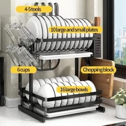TammaT - Afdruiprek Met Lekbak 2 Laags – Inklapbaar - Afwasrek – Met 2 Lekbakken – Extra Accessories Voor Servies En Snijplanken - RVS - 38x35x26,5cm -Huishoud Verkoop 1200x1200 887