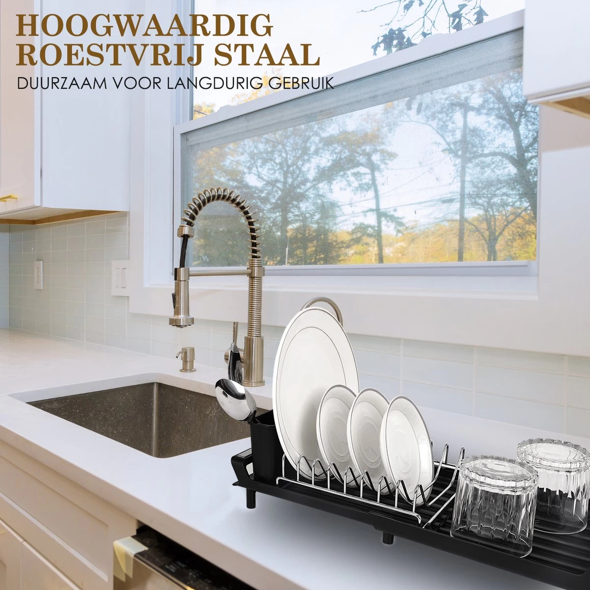 MIRI Afdruiprek – Afwasrek – Uitschuifbaar – Met Lekbak In Gootsteen – Afwas – Roestvrij Staal – Zwart 5 MIRI Afdruiprek – Afwasrek – Uitschuifbaar – Met Lekbak In Gootsteen – Afwas – Roestvrij Staal – Zwart - Afbeelding 5