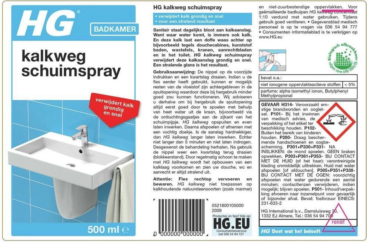 HG Kalkweg Schuimspray - 500ml - 100% Glans - Verwijdert En Voorkomt Kalk - Biologisch Afbreekbaar 2 HG Kalkweg Schuimspray - 500ml - 100% Glans - Verwijdert En Voorkomt Kalk - Biologisch Afbreekbaar - Afbeelding 2