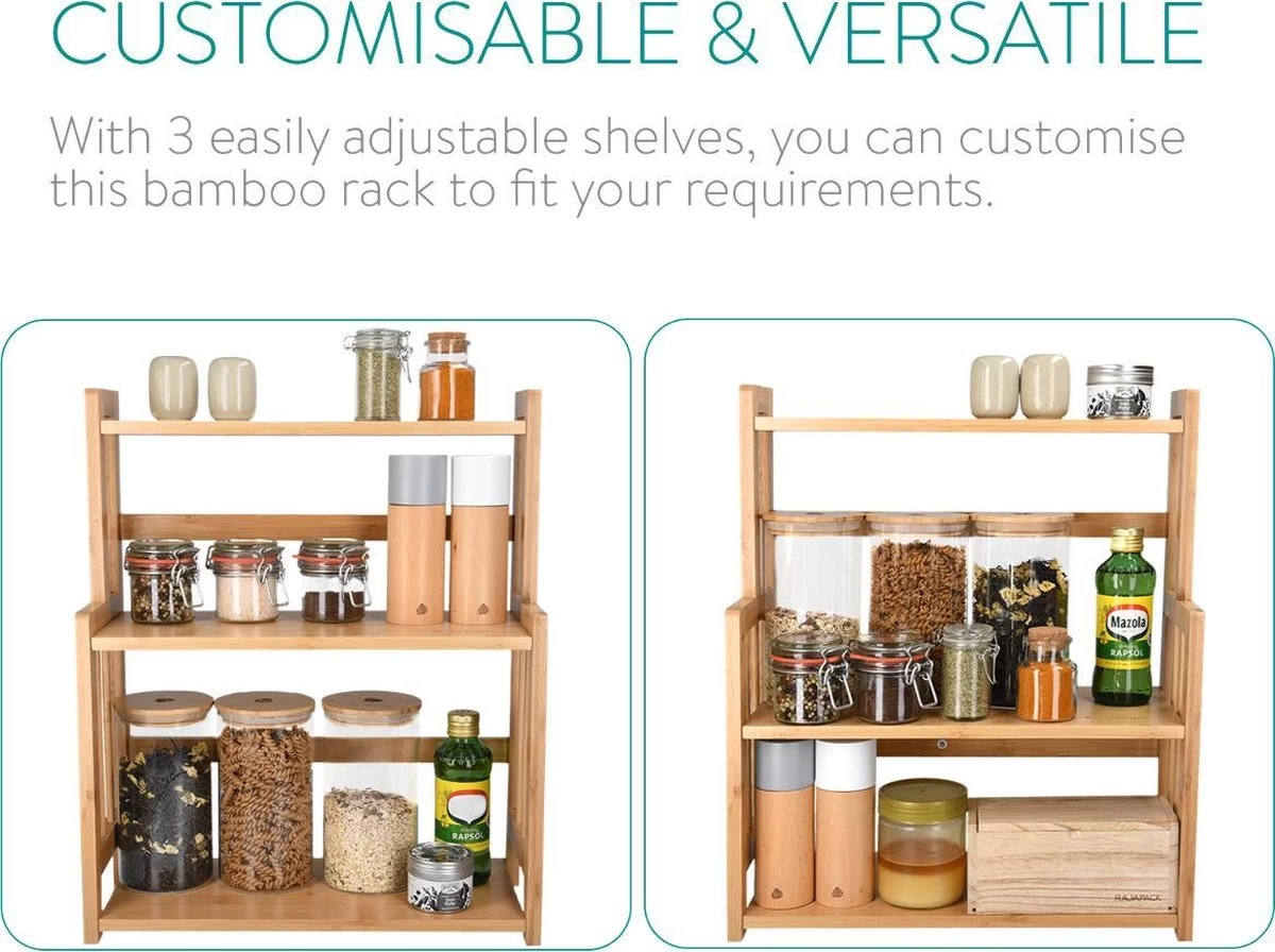 Navaris Keukenrek Met 3 Planken - Verstelbaar Kruidenrek Van Bamboe - Staand - Stevige Constructie - Natuurlijk Bamboehout - Waterafstotend 3 Navaris Keukenrek Met 3 Planken - Verstelbaar Kruidenrek Van Bamboe - Staand - Stevige Constructie - Natuurlijk Bamboehout - Waterafstotend - Afbeelding 3