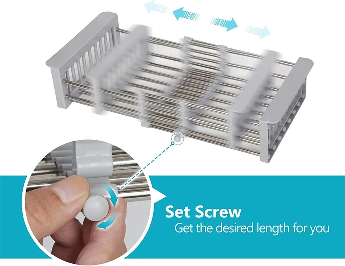 IBright Verstelbare Keukenrek - Gootsteen Mand - Afdruiprek – Vergiet – Verstelbaar In Lengte - Uitschuifbaar - RVS Grijs 5 IBright Verstelbare Keukenrek - Gootsteen Mand - Afdruiprek – Vergiet – Verstelbaar In Lengte - Uitschuifbaar - RVS Grijs - Afbeelding 5