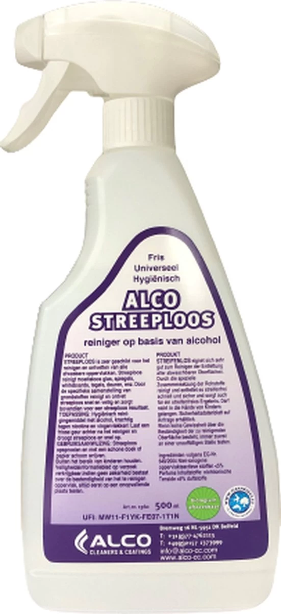 Alco Streeploos Reinigingsmiddel 500ml - Universeel Fris & Hygienisch ! 1 Alco Streeploos Reinigingsmiddel 500ml - Universeel Fris & Hygienisch !