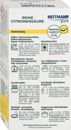 HEITMANN Pure Ontkalker- Citroenzuur Ontkalker, Natuurvriendelijke Kalkreiniger Voor Een Hygiënische Reiniging - Poeder, 1x 350 G -Huishoud Verkoop 654x1200